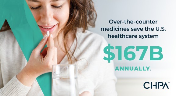Woman taking a capsule with blue overlay. Text reads: Over-the-counter medicines save the U.S. healthcare system $167B annually.