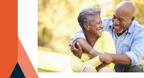 Elderly Black Couple with orange and blue CHPA branding