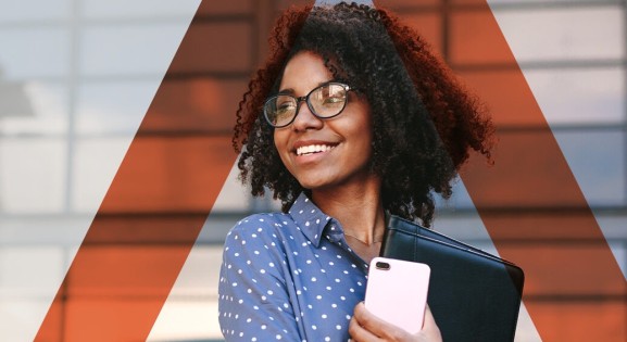 Young african american woman smiling holding folder and phone